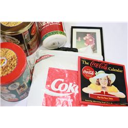 TWO INSULATED BAGS 2003 CALENDAR GARBAGE PAIL AND TWO LARGE POPCORN TINS