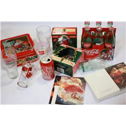 OPENED SIX PACK BOTTLES TWO ORNAMENTS CHRISTMAS CARDS FIVE GLASSES AND CAN