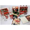 Image 1 : OPENED SIX PACK BOTTLES TWO ORNAMENTS CHRISTMAS CARDS FIVE GLASSES AND CAN