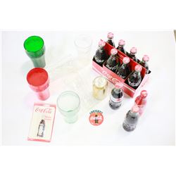 LOT OF COCA COLA ITEMS 6 PACK ORIGINAL BOTTLES 3 DIET COKE CUPS 3 ORIGINAL CUPS BOTTLE OPENER MEMO H
