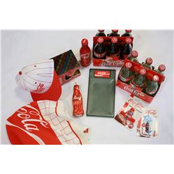TWO SIX PACK COCA COLA BOTTLES TRAY AND MUG AND BASEBALL HAT BATH TOWEL TEA TOWELS BATH MAT AND 2 MA