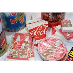 LOT OF 3 LARGE POPCORN TINS NAPKINS TABLE CLOTHS PAPER PLATES AND HAND TOWELS