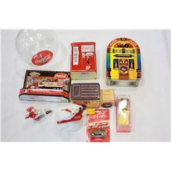 COCA COLA LIGHT COVER AND 3 TINS ND 2 VINTAGE TOYS CERAMIC FISHING POLAR BEAR AND PIGGY BANK