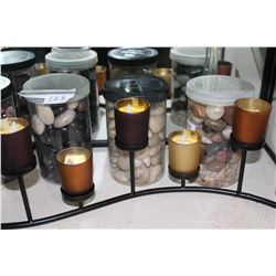 BOX OF DECORATIVE STONES AND TEALIGHT STAND