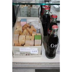 VINTAGE KIDS WOOD BLOCKS AND VINTAGE COKE BOTTLES