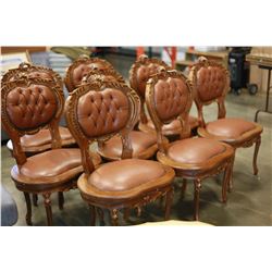 SET OF 8 HIGHLY CARVED BROWN LEATHER BUTTON BACK DINING CHAIRS