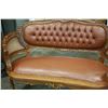 Image 1 : HIGHLY CARVED BROWN LEATHER BUTTON BACK SETTEE AND TWO ARMCHAIRS WITH BERGERE SIDES