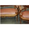 Image 2 : HIGHLY CARVED BROWN LEATHER BUTTON BACK SETTEE AND TWO ARMCHAIRS WITH BERGERE SIDES