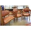 Image 4 : HIGHLY CARVED BROWN LEATHER BUTTON BACK SETTEE AND TWO ARMCHAIRS WITH BERGERE SIDES