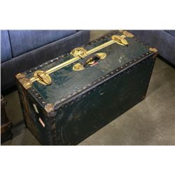 GREEN BLACK AND BRASS TRUNK