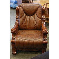 BROWN LEATHER ARMCHAIR WITH WOOD TRIM