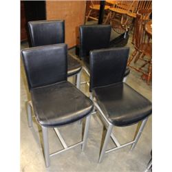 FOUR BLACK LEATHER AND METAL BAR STOOLS