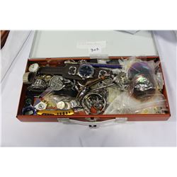 TIN BOX OF WATCHES PINS ETC