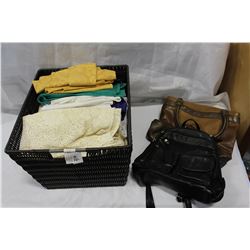 BASKET OF VINTAGE LINENS AND TWO LADIES PURSES