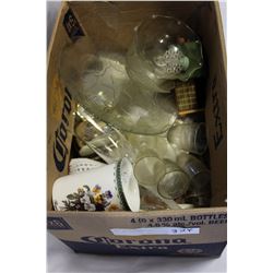 BOX OF GLASSWARE ETC