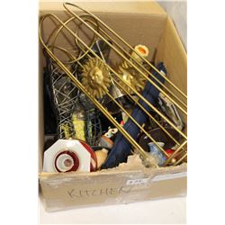 BOX OF CANDLESTICKS DECORATIVE PLATES CHINA BELL AND FIGURES