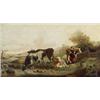 Image 1 : American School, Late 19th-Early 20th Century, Milk Maid with Cows, Unsigned, Oil on canvas...