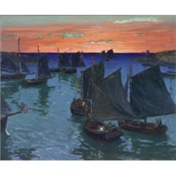 Jonas Lie (American 1880-1940), Sailboats Gathered in a Harbor, at Dusk, Signed Jonas Lie l...