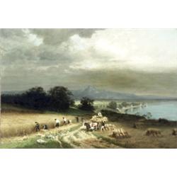 Hermann Ottomar Herzog (German-American 1832-1932), Wheat Harvesting Beside a River, Signed H...