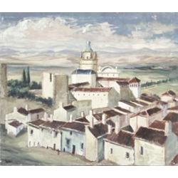 Max Kuehne (American 1880-1968), European Village with White Tower, Signed with artist's esta...