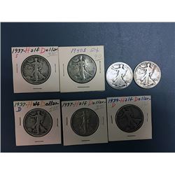 7 Walking Liberty Silver Half Dollars