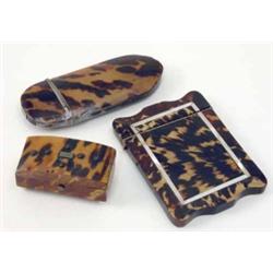 A Victorian tortoiseshell and mother of pearl card case, together with a tortoiseshell spectacles...
