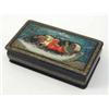 Image 1 : A Russian papier mache lacquer box, decorated with three horses pulling a carriage within a storm...