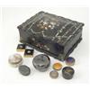 Image 1 : A mid Victorian papier mache box, inset with mother of pearl, lid detached, together with an asso...