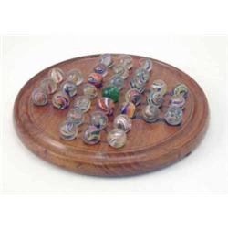 An English solitaire set, comprising thirty-two colour twist glass marbles and flecked green cent...