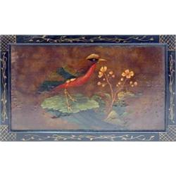 A collection of six 19th century lacquered bird of paradise panels, each painted with a different...