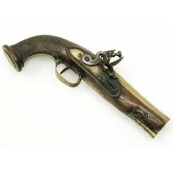 A St Etienne flintlock pistol, with decorated brass barrel, full walnut stock and butt, steel loc...