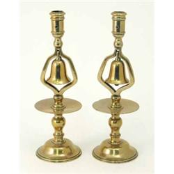 A pair of 19th century brass ‘bell’ candlesticks, each knopped stem with inset brass bell above p...