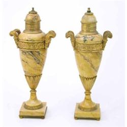 A pair of ormolu mounted yellow marble table lamps, of tapering form with twin handles and foliat...