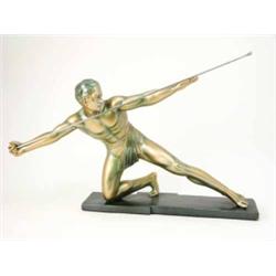 An Art Deco composition figure, the painted bronze effect semi-draped man kneeling on one leg wit...