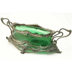 A WMF Art Nouveau silvered metal and green glass centrepiece, with scroll handles, 25ins...