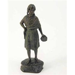 A signed bronze figure of a girl, modelled wearing necklaces, shawl and skirt with a tambourine i...