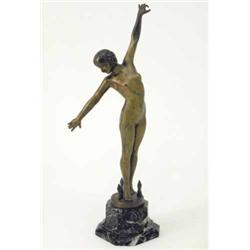A French bronze female statuette, indistinctly signed Ouillon Carrere 1919, modelled on tiptoe be...