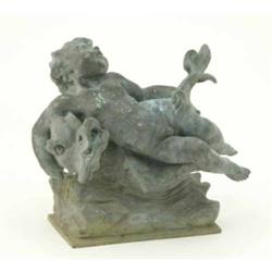 An 18th century bronze group, of a putto and fish on plinth base, 9 ins...