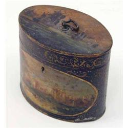 A 19th century Pontypool oval tea caddy, painted with a view of Windsor Castle and two shipping s...