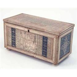 A Victorian rectangular pine box, with unusual painted and pen work decoration of classical form...