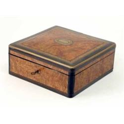 A late 19th century French brass mounted birds’ eye maple jewellery box, with silk lined interior...