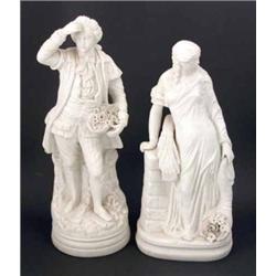 Two Victorian parian figures, female figure representing Autumn, standing beside wheatsheaf and c...