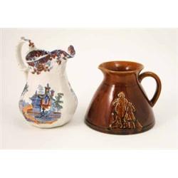 A Victorian ironstone jug printed and enamelled with ‘Swiss’ pattern (8in.) and a Bretby treacle-...