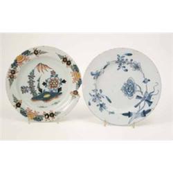 Two 18th century English delftware plates, one painted in polychrome, the other in blue, former c...