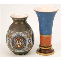 A Mettlach stoneware vase of oviform, crisply moulded and incised with formal roundels and leaf-s...
