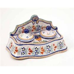An Henriot, Quimper inkstand, with two covered wells, painted in traditional style, 6.5in....