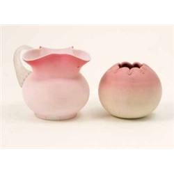 A satin-finished jug in style of Webb’s ‘Burmese’, pink-tinted with clear glass handle (3.5in.) a...