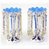 Image 1 : A pair of Victorian glass table lustres, in blue glass overlaid in opaque white with cut clear gl...