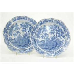 A pair of Henshall & Co. “Castle and Bridge” pattern plates, circa 1795-1828, blue printing with...