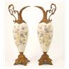 Image 1 : A pair of Victorian glass and spelter-mounted vases, ovoid satin-finished bodies enamelled with f...